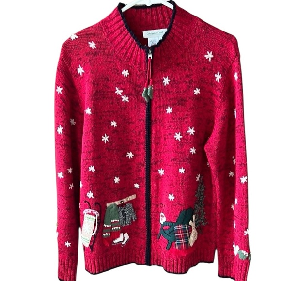 Vtg Coldwater Creek Cotton Ramie Zip Up Winter Themed Cardigan Red Novelty - Picture 1 of 13